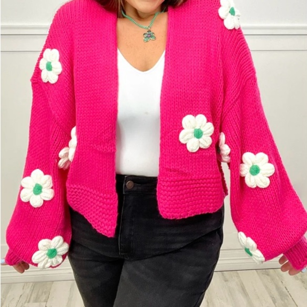 Womens Davi & Dani Floral Appliqué Cardigan Sweater | 3XL | Neon Hot Pink NEW!!